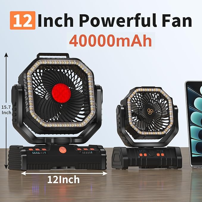 12 Inch Camping Fan,40000mAh Portable Fan with LED Lantern Light,Cool white & Warm White Dimmable Fans, Oscillating Fan with 360° Rotation Hanging Hook for Tents, Cordless USB Desk Fan(Black)