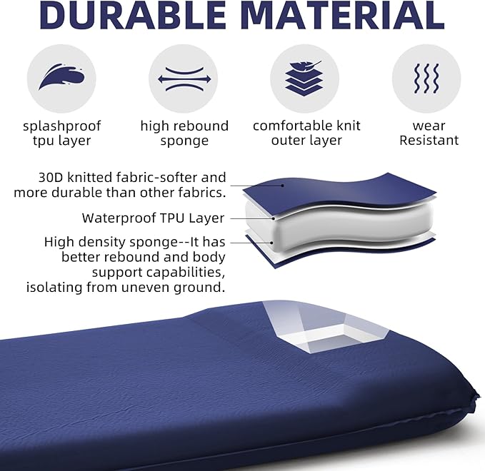 INVOKER 3.15" Camping Sleeping pad, Ultra-Thick Elasticity Foam Fast Self-Inflating 4-Season Insulated Durable Camping Mat Air Mattress with Pillow, for Tent, Car, Camping, Traveling, Blue
