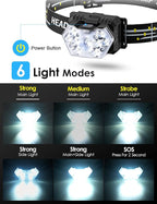 Lsnisni 9 LED Headlamp 2 Pack, 2000 Lumen Super Bright Head Lamp with 6 Modes, IPX5 Waterproof Head Light, Lightweight Head Flashlight for Kids Adults Camping Hiking - 6 AAA Batteries Included
