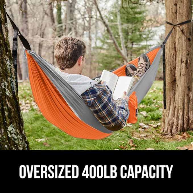 GORILLA GRIP Durable Portable Camping Hammock, Holds 400lbs with Heavy Duty Tree Straps, Comfortable Travel Swing, Camp Hammocks, Easy to Use and Install, Outdoor Essentials, Orange, 9x4.5 FT