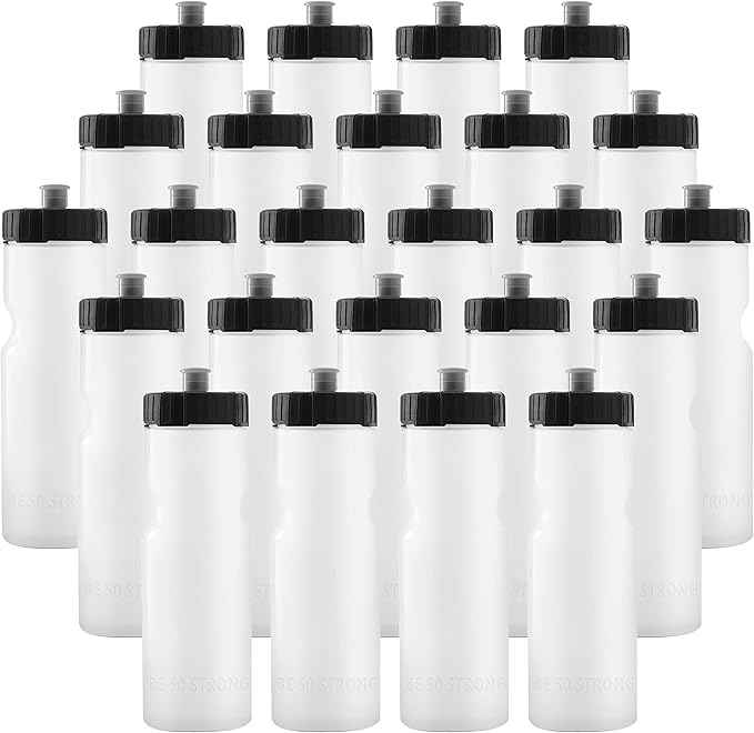 50 Strong Bulk Water Bottles | 24 Pack Sports Bottle | 22 oz. BPA-Free Easy Open with Pull Top Cap | Made in USA | Reusable Plastic Water Bottles for Adults & Kids | Top Rack Dishwasher Safe