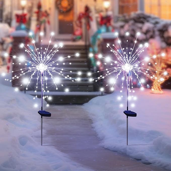 Solar Garden Firework Lights Outdoor Waterproof, 4 Pack Solar Powered Art Stake Twinkle Lighting for Outside Decor, 120 LED Sparklers String Lights for Yard Pathway Decorations(White)