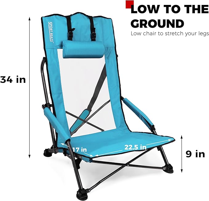 SPORT BEATS Low Beach Chairs Set of 2 Folding Beach Chairs High Back Support with Head Pillows Shoulder Straps