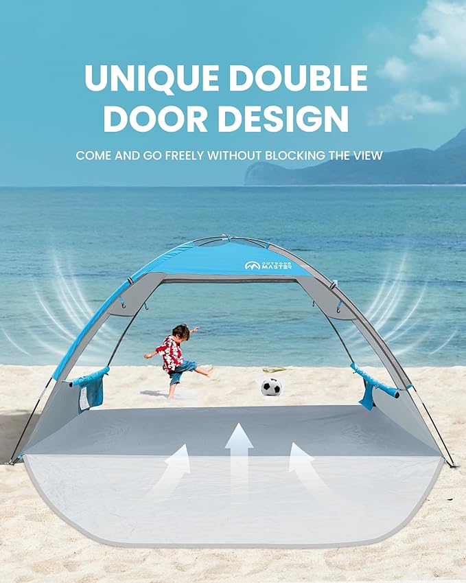 OutdoorMaster Beach Tent Sun Shelter with 2 Ventilated Doors, UPF50+ Easy Setup Beach Tent Canopy for 3 Person, Lightweight & Portable Family Beach Umbrellas for Sand with Carrying Bag - Blue