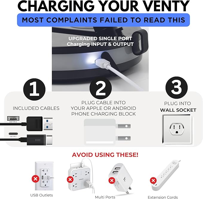 VENTY Portable Fan - Wireless Battery Operated Fan - 4 Speeds - LED Lighting - Carry Case & Remote Control - Cruise Travel - Outdoor Travel RV Power Bank With USB-C Port (Blue with Case)