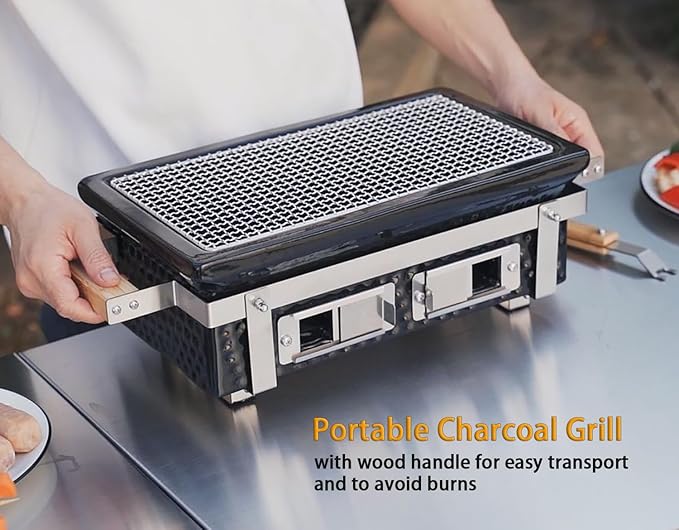 Onlyfire Charcoal BBQ Grill Hibachi Grill with Grid Lifter, Portable Yakitori Grill with Stainless Steel Grate, Barbecue Stove for Outdoor Camping Picnic Patio Backyard Cooking, GS306