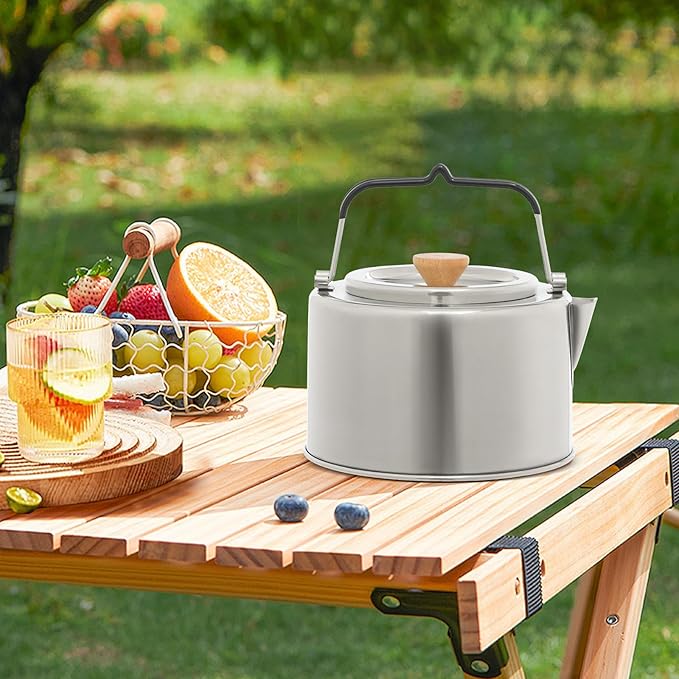 Camping Kettle, Stainless Steel Portable Coffee Tea Pot with Anti-Scald Handles, 35.2oz Capacity for Outdoor Camping Hiking Picnics (Silver)