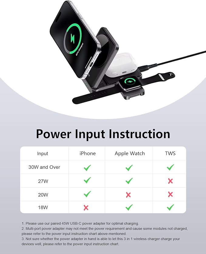 Foldable 3-in-1 Wireless Charger for Apple Devices, Qi2 15W Magnetic Fast Charging Dock for iPhone 17/16, Apple Watch, AirPods and More, (45W USB-C Charger & 5ft Type-C Cable Included)