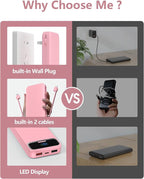 12000mAh Lightweight-Portable-Charger-Power-Bank with Built-in Cables and AC Wall Plug, PD20W USB-C Fast Charging Battery Pack, LED Display External Travel Phone Charger for All iPhone,Samsung,Android