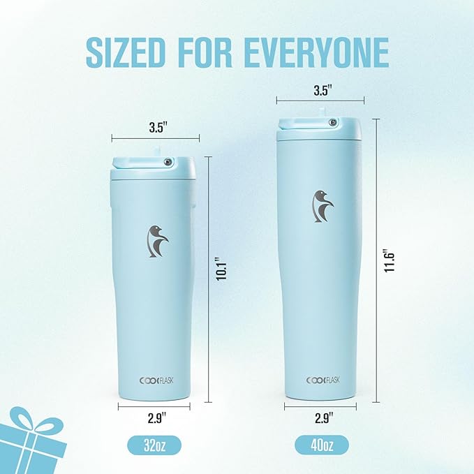 Coolflask Water Bottle 40 oz Fits Car Cup Holder, Slim Tumbler Stainless Steel with Straw & Handle, Vacuum Flask Leakproof Wide Mouth for Travel Sports Gym, Blue