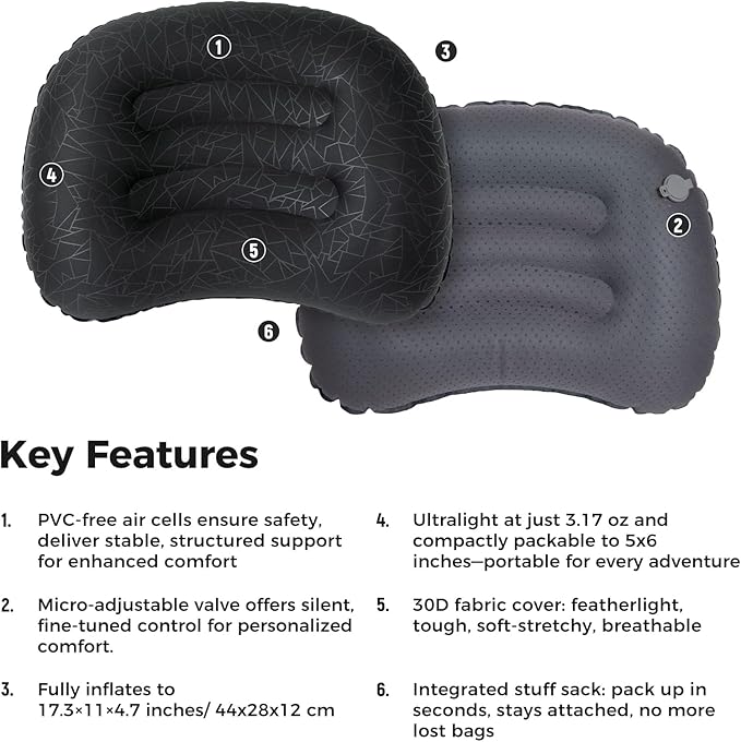 ATEPA Inflatable Camping Pillow, Ultralight Waterproof Travel Pillow with Ergonomic Support & Leak-Proof Air Valve, Compact Portable Pillow for Hiking Backpacking Tent Airplane Beach, Black
