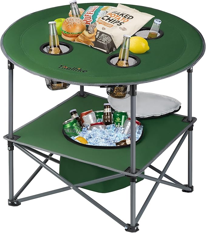 Portable Lightweight Folding Camping Table - Collapsible Foldable Picnic Camp Table with Cooler 4 Enlarged Upgraded Cup Holders and Carry Bag for Tailgating Beach BBQ RV Hiking Party Travel