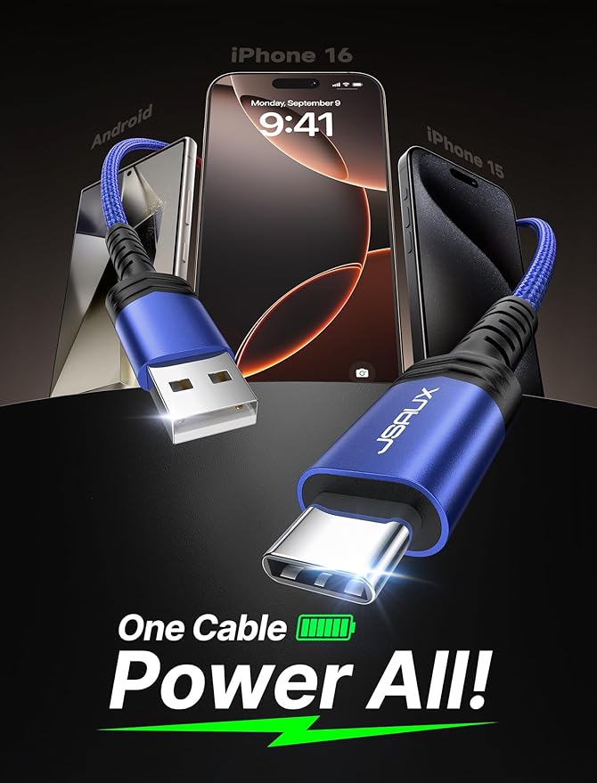 JSAUX USB C Cable [2-Pack 6.6ft], USB A to USB Cord Fast Charging for iPhone Air, iPhone 17, iPhone 17 Pro, iPhone 17 Pro Max, iPhone 16/iPhone 15 Series, Samsung S20 S10, Note 20 10, Car Play - Blue