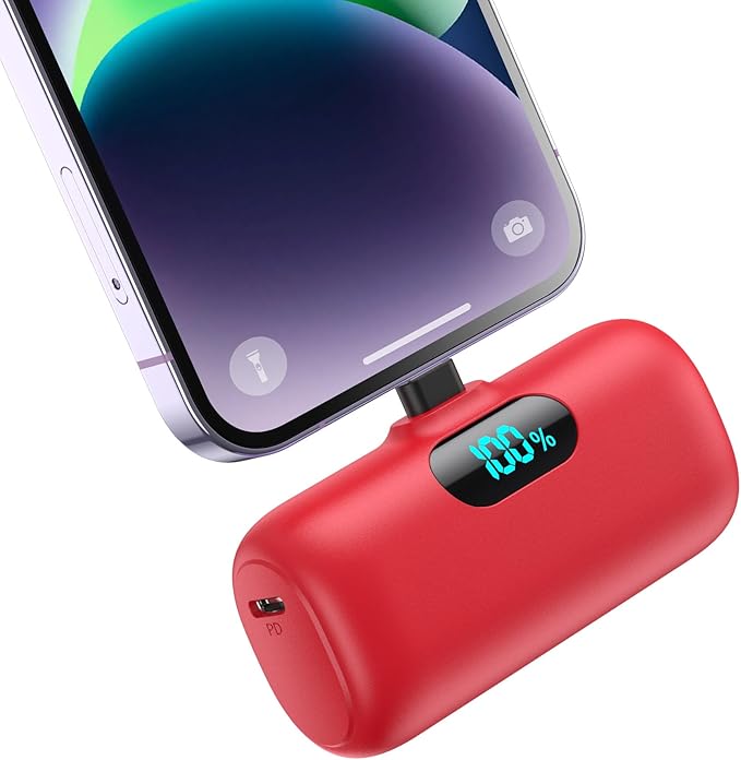 Small Portable Charger for iPhone,5000mAh PD Fast Charging Power Bank, Mini Plug-in Battery Pack Backup Charger Compatible with iPhone 14/14 Pro Max/13/13 Pro/12 Pro/11/XS/XR/X/8/7/6 etc- Dark Red
