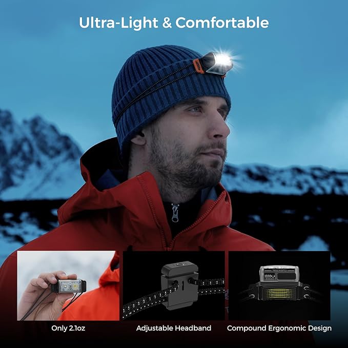 FLEXTAILGEAR 1-600 Lumen Ultra Bright Lightweight Headlamp, USB-C Rechargeable Outdoor Headlamp with White Red Light, Adjustable Headband for Camping, Back Packing, Hiking, Fishing