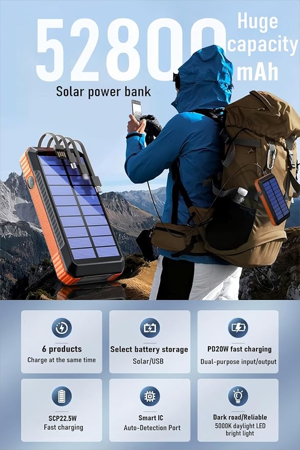 DJKK Solar Power Bank Wireless Charger 52800mAh Built in 4 Cables and LED Camping Lights 22.5W Fast Charging Power Bank 7 Outputs 4 Inputs Portable Charger Compatible with All Mobile Devices (Orange)