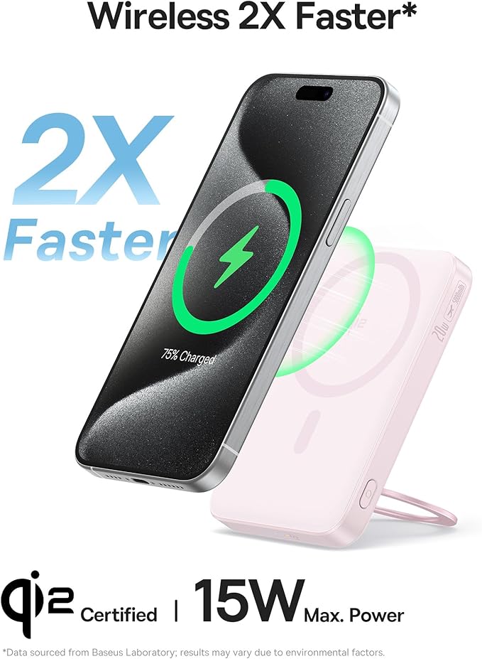 Baseus PicoGo Magnetic Power Bank, Qi2 Certified 15W Ultra-Fast Wireless Portable Charger with Stand, Ultra-Slim 5000mAh Battery Pack for iPhone 17 Pro Max 16/15/14/13/12