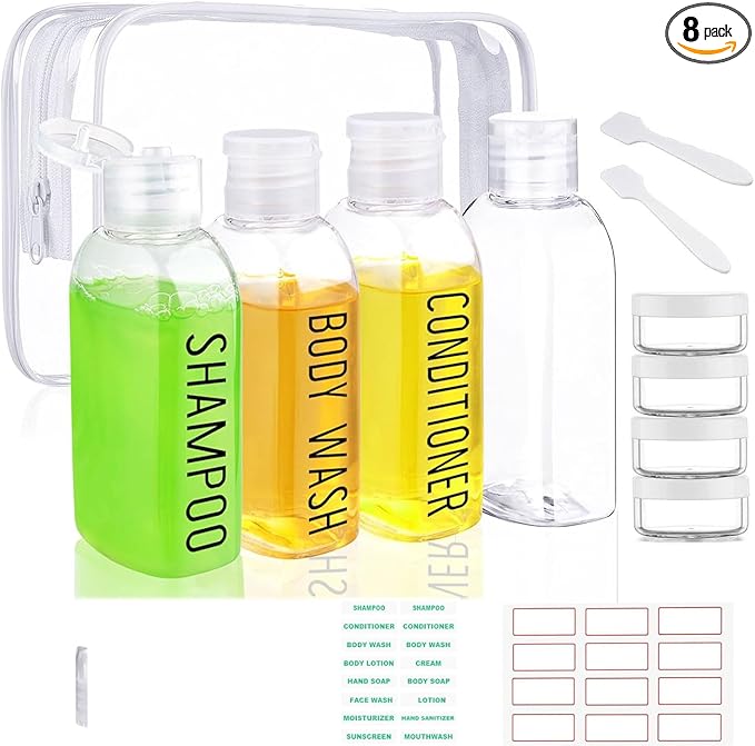 Travel Bottles for Toiletries 8 Pack 3.4oz TSA Approved Travel Size Containers Leak Proof Plastic 0.35oz Small Cream Jars Refillable Squeeze Bottles for Shampoo Conditioner Lotion(Clear)