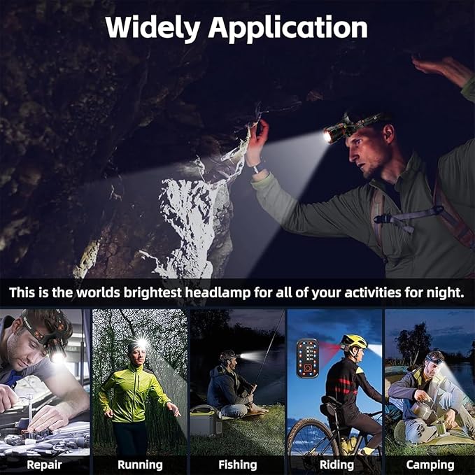 Headlamp Rechargeable 90000 Lumens Ultra Bright Head Lamp Super Bright Hard Hat Light Zoomable IPX54 Headlight Camping Accessories 6 Modes Waterproof Headlight Camping Gear for Adults Cycling Running