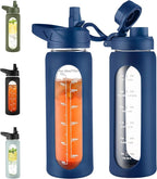 CIVAGO 24 oz Glass Water Bottle with Straw and Handle, Large Sports Motivational Water Bottle Flask with Time Marker and 2 Lids, Leakproof Jug Canteen with Silicone Sleeve for Gym, Navy Blue