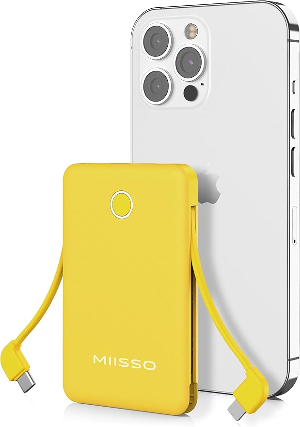 6000mah Ultra Slim Built in Cables Power Bank, Card Size Built in USB C Cords Battery Pack Portable Charger for Phones, 3 Output External Battery Pack Compatible with iPhone, Samsung, Google, Yellow