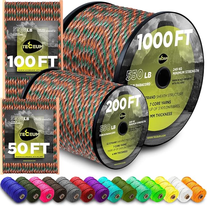TECEUM 5/32" Paracord Rope 1000 – 1000ft / 200ft / 100ft / 50ft – Tactical Parachute Cord 4mm – 45+ Colors – Nylon String for Survival & Camping Gear – Stripe Cord for Survival – Utility Rope