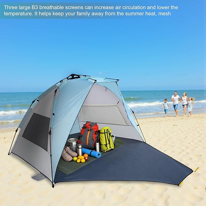 Pop Up Beach Tent Sun Shelter, Pop Up Beach Tent 94.5 x 55.1 x 51.1 inches, 3-4 Person, Blue, with Storage Bag