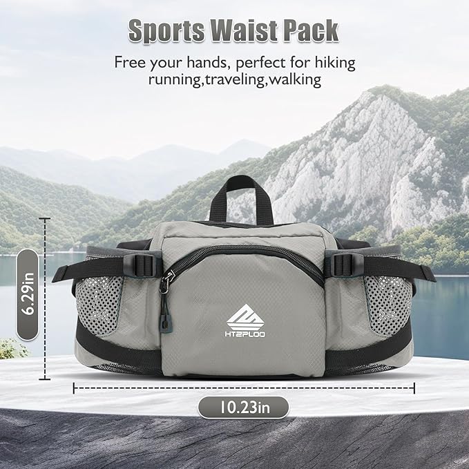 Fanny Pack Waist Bag with Water Bottle Holder for Men Women Running Hiking Travel Dog Walking Workout Cycling Outdoor (Grey)