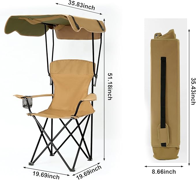 Folding Camping Chair with Canopy, Portable Outdoor Beach Chair for Fishing, BBQ, Picnic, Backyard, Lightweight Sun Shade Chair with Cup Holder, Khaki
