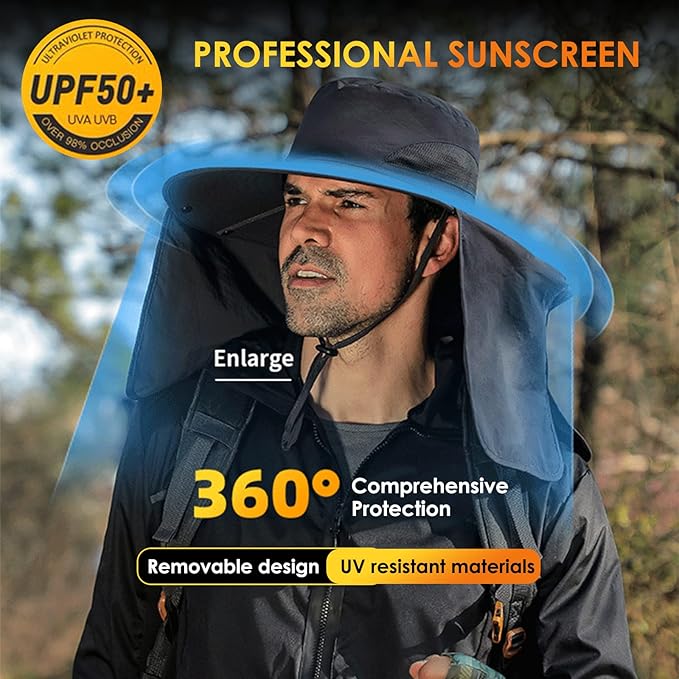 Fishing Hat for Men&Women,Outdoor UV Waterproof Wide Brim Bucket Hat,UPF50+ Sun Hat with Neck Flap