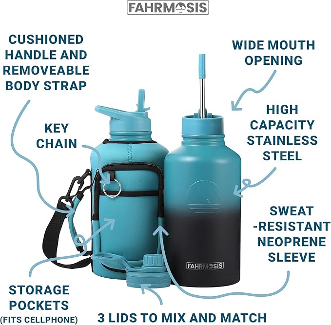 64 Oz Insulated Water Bottle with Strap Stainless Steel Sports Water Bottle with 3 Lids (Straw, Chug and Flip Lid) Leak Proof Metal Half Gallon Jug for Men & Women - Indigo Green