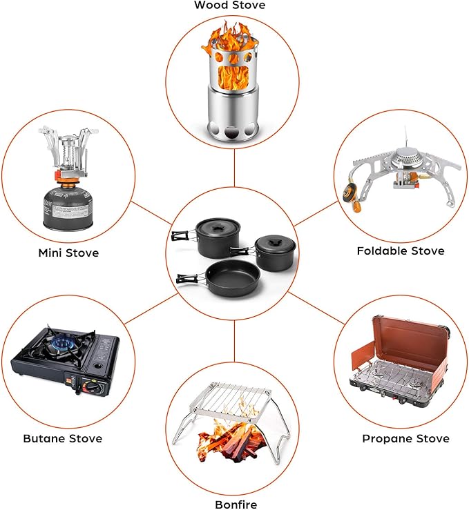 Odoland 15pcs Camping Cookware Mess Kit, Non-Stick Lightweight Pots Pan Set with Stainless Steel Cups Plates Forks Knives Spoons for Camping, Backpacking, Outdoor Cooking and Picnic