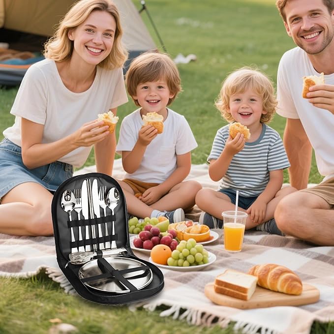 Camping Cutlery Set, 12-Piece Stainless Steel with Plates and Case, Portable Outdoor Dining Kit, Silver