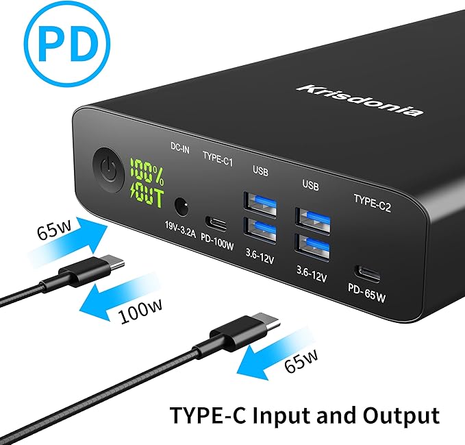 Portable Charger, PD 100W USB C Power Bank 64000mAh Fast Charging External Battery Pack with Dual PD (100W&65W) & 4 USB-A (QC3.0 18W) for Type-C Laptops, MacBook Pros, XPS, iPad Pro