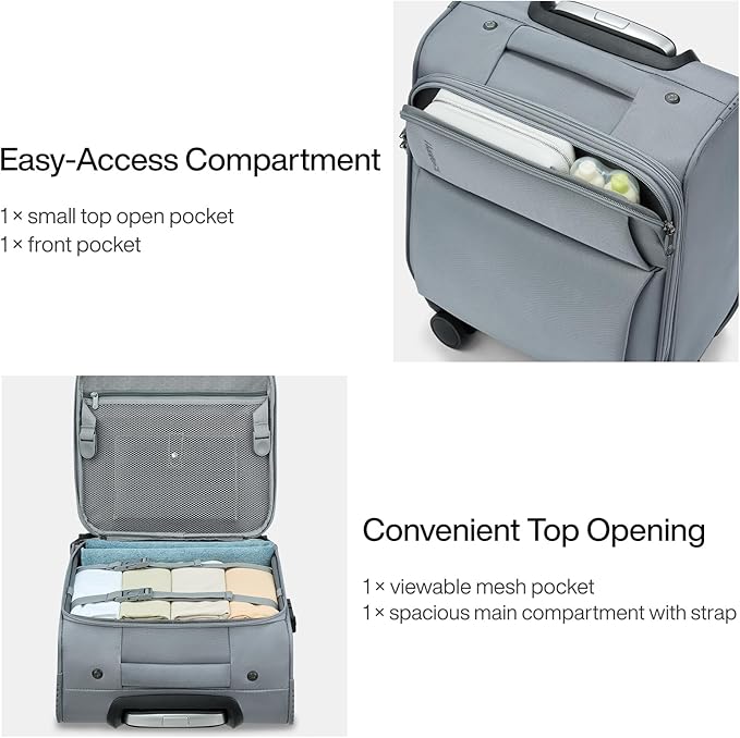 Hanke 16 Inch Underseat Carry On Luggage with Spinner Wheels for Airline, Small Softside TSA Approved Luggage Lightweight Rolling Suitcases Under Seat Travel Carry-On Bag(Grey)