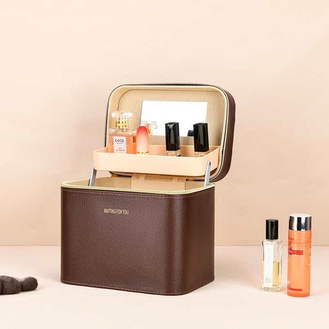 Luxury brown makeup box, Portable leather hard cosmetic case with mirror, Professional train case make up box for women adults. (Double-layer-Brown)