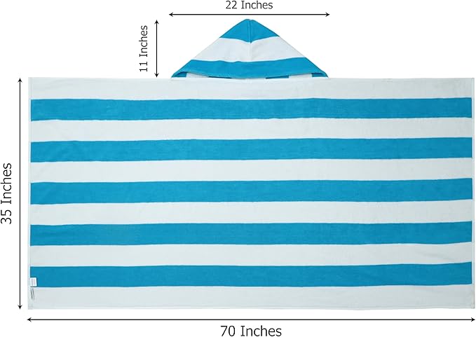 COTTON CRAFT Hooded Beach Towel – Oversized 35 x 70 Towel with Hood for Adults - 100% Cotton Velour Dobby Terry Towel - 450 GSM Pool Bath Wrap - Soft Absorbent Quick Dry – Cabana Stripe Aqua