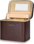 Luxury brown makeup box, Portable leather hard cosmetic case with mirror, Professional train case make up box for women adults. (Double-layer-Brown)