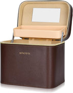 Luxury brown makeup box, Portable leather hard cosmetic case with mirror, Professional train case make up box for women adults. (Double-layer-Brown)