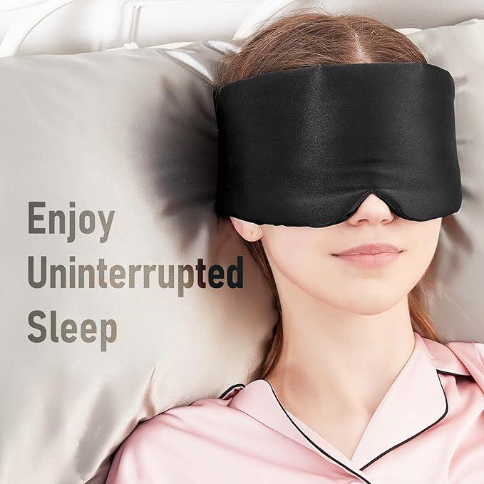 Nature Silk Sleeping Mask Soft Featherweight Eye Mask Large Wrap-Around Blindfold with Adjustable Velcro Blackout for Wild Sleeper Nose Cut (Black)