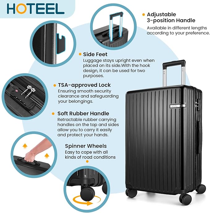 Hoteel 5 Piece Luggage Set (4-YEAR WARRANTY) ABS+PC Hardshell Carry on Suitcase with Spinner Wheels & TSA Lock for Men and Women, Rolling Suit Case for Plane, Travel, Business, Black (20/24/28/DB/TB)