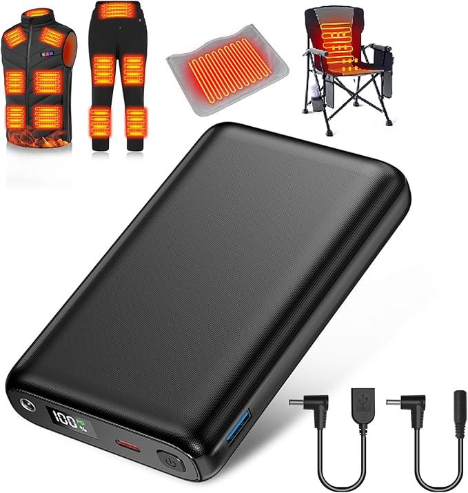 30000mAh Heated Vest Battery Pack 7.4V Heating Vest Battery Bank Power Bank with LED Display DC/USB//Type-C 5V/9V/12V Portable Chargers for Heated Jacket Coat Vest and Warming Clothing for Men