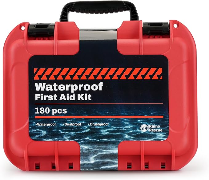 RHINO RESCUE Waterproof Marine First Aid Kit for Boat Durable First Aid Box for Crews with Emergency Medical Supplies for Travel & Fishing (Red)