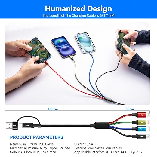 6 in 1 Multiple Charging Cable, 2Pack 6Ft Multi Chargers Cord for All Devices Braided USB A/C to Lightning/Type C/Micro USB Ports Universal Charger Cable for iPhone Series/Samsung/Tablets/PS and More