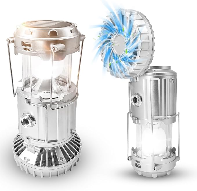 Solar Camping Lantern with Fan, Collapsible USB Rechargeable & Battery Powered Emergency Hanging Lights for Camping Tent Hurricanes Power Outages Storm Indoor Outdoor (Upgraded, 1 Pack)