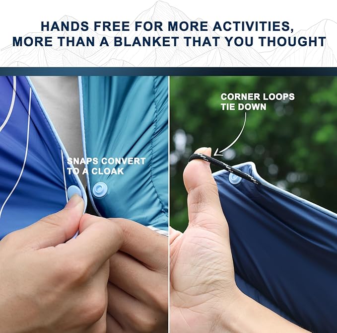 zzlamb Camping Blanket, Outdoor Lightweight Travel Blanket Puffy Portable Down Alternative, Windproof Warm Cloak with Snaps, Cozy Quilt Backpacking Picnic RV Plane Car Hammock Beach Climbing