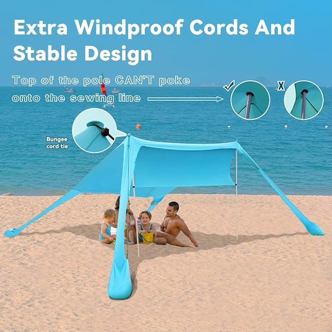 FBSPORT Beach Tent Sun Shelter, Portable Beach Shade Canopy UPF50+ with Sandbags for Outdoor Family Camping, Fishing, Backyard Fun, Picnic, 7 x 7ft
