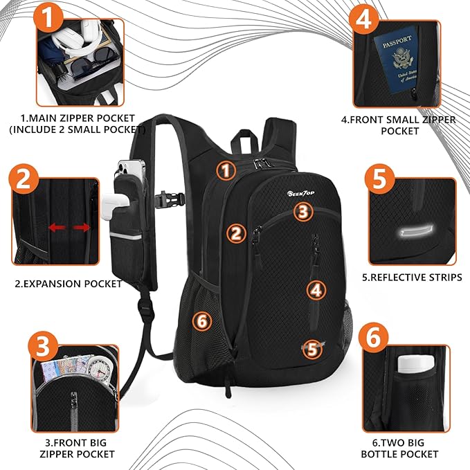 Seektop Small Hiking Backpack 12L to 15L Expandable Travel Packable Waterproof Daypack Lightweight Hiking Bag for Women Men