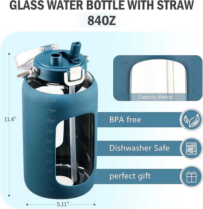 BLUEGO 84oz Water Bottle Glass with Stainless Steel Handle Large 2.5l Water Bottle with Time Markers and Silicone Sleeve Half Gallon Water Jug BPA Free for Gym Daily Use, Dark Blue