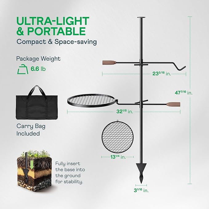 IDZO Swivel Campfire Grill – Heavy Duty Fire Pit Grill Grate, 360° Adjustable Steel Cooking Rack for Open Fire, Portable Outdoor BBQ Campfire Grate for Camping, Hiking, Backyard & Survival Cooking